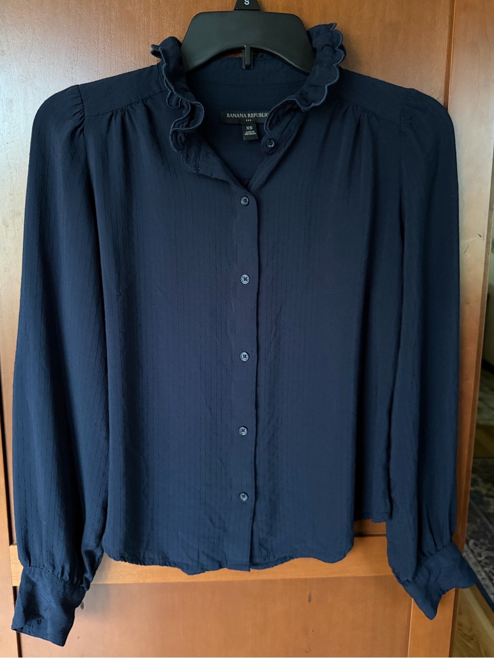 BR Navy Ruffle Collar Button-Front Blouse